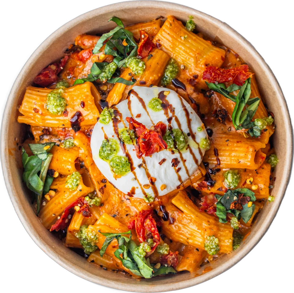 Rosso Riggo rigatoni with burrata