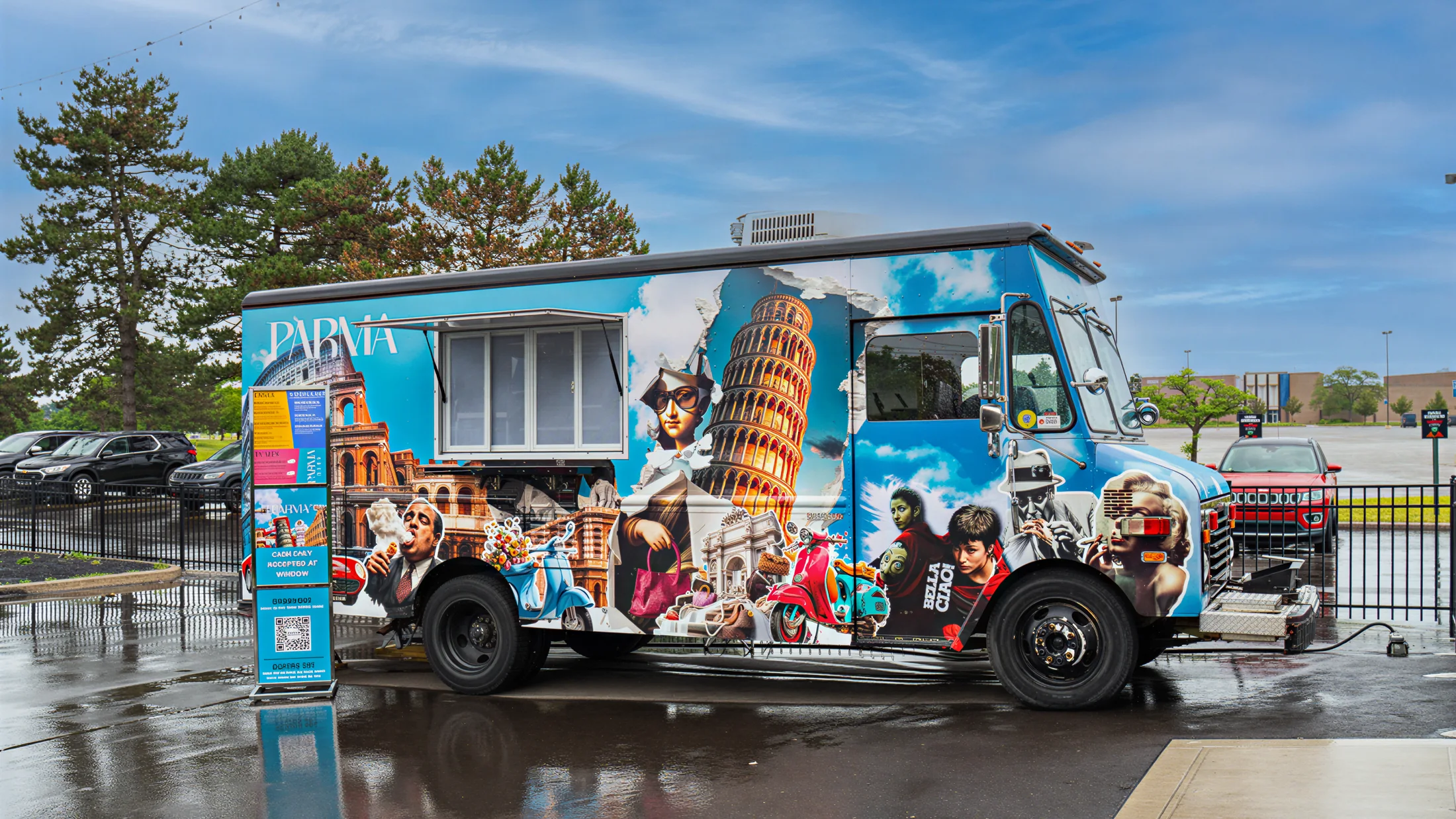The Parma truck, with this month's special framed on the side next to the window